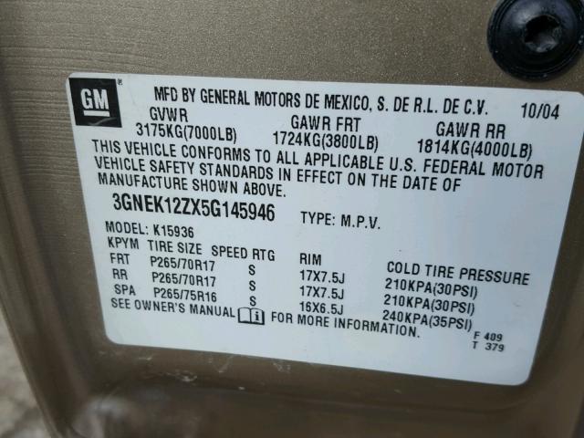 3GNEK12ZX5G145946 - 2005 CHEVROLET AVALANCHE GOLD photo 10