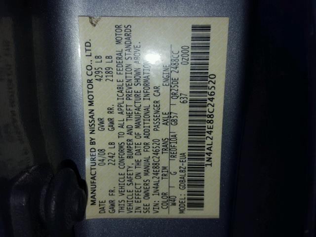 1N4AL24E88C246520 - 2008 NISSAN ALTIMA 2.5 SILVER photo 10