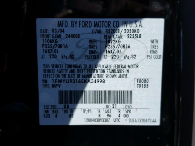 1FMYU93165KA34998 - 2005 FORD ESCAPE XLT BLACK photo 10