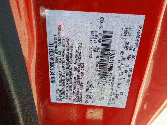 1ZVFT82H865140700 - 2006 FORD MUSTANG GT RED photo 10