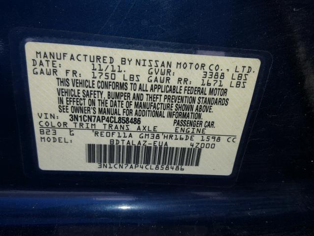 3N1CN7AP4CL858486 - 2012 NISSAN VERSA S BLUE photo 10