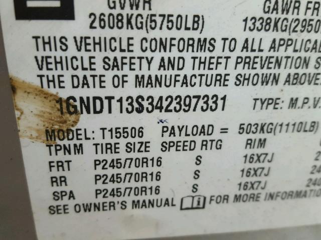 1GNDT13S342397331 - 2004 CHEVROLET TRAILBLAZE GRAY photo 10