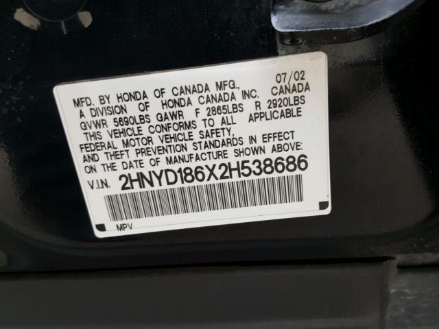 2HNYD186X2H538686 - 2002 ACURA MDX TOURIN BLACK photo 10