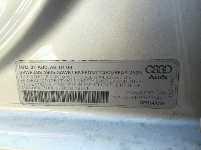 WAUSF78K39N055464 - 2009 AUDI A4 PREMIUM SILVER photo 10