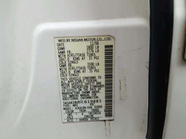 5N1AR18U97C619885 - 2007 NISSAN PATHFINDER WHITE photo 10