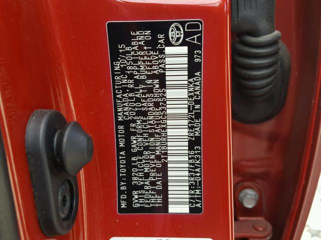 2T1BURHEXGC537525 - 2016 TOYOTA COROLLA L RED photo 10