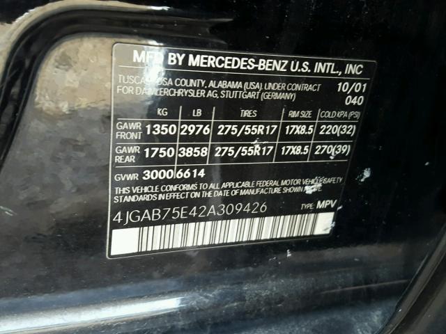 4JGAB75E42A309426 - 2002 MERCEDES-BENZ ML 500 BLACK photo 10