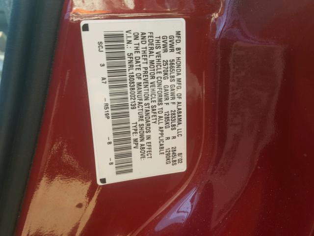 5FNRL18083B002139 - 2003 HONDA ODYSSEY EX BURGUNDY photo 10