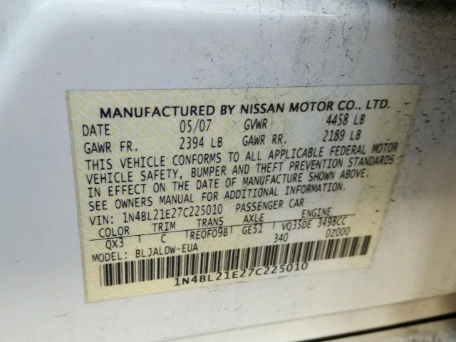 1N4BL21E27C225010 - 2007 NISSAN ALTIMA 3.5 WHITE photo 10