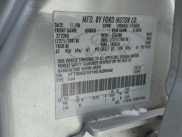 1FTSW21R19EA26042 - 2009 FORD F250 SUPER SILVER photo 10