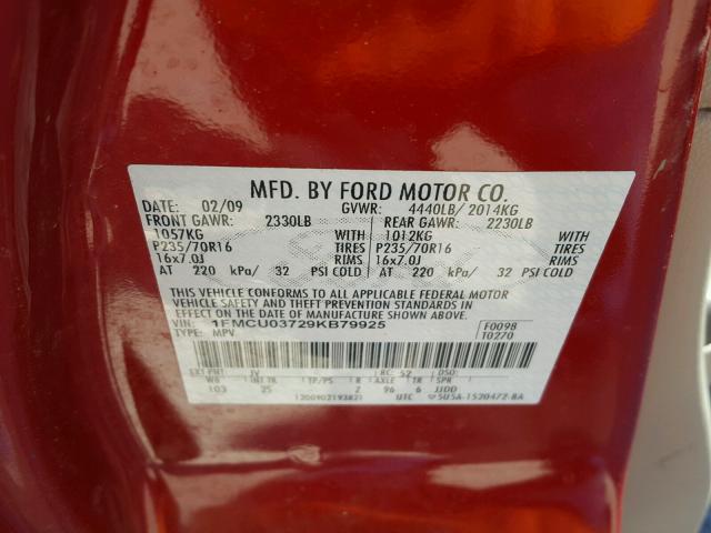 1FMCU03729KB79925 - 2009 FORD ESCAPE XLT RED photo 10