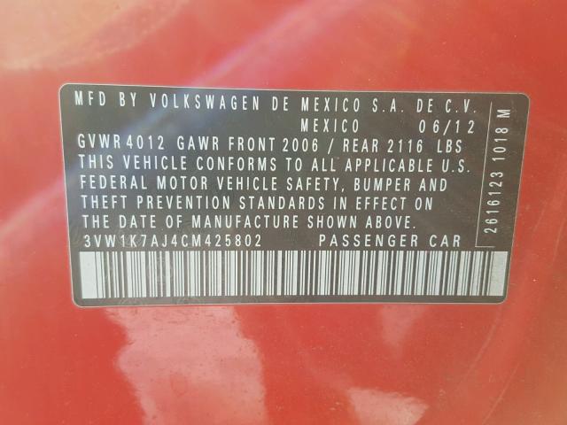 3VW1K7AJ4CM425802 - 2012 VOLKSWAGEN JETTA BASE წითელი ფოტო 10
