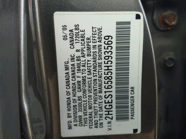 2HGES16585H593569 - 2005 HONDA CIVIC LX GRAY photo 10