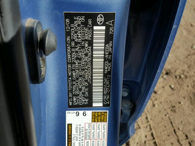 JTDKB20U597878044 - 2009 TOYOTA PRIUS BLUE photo 10