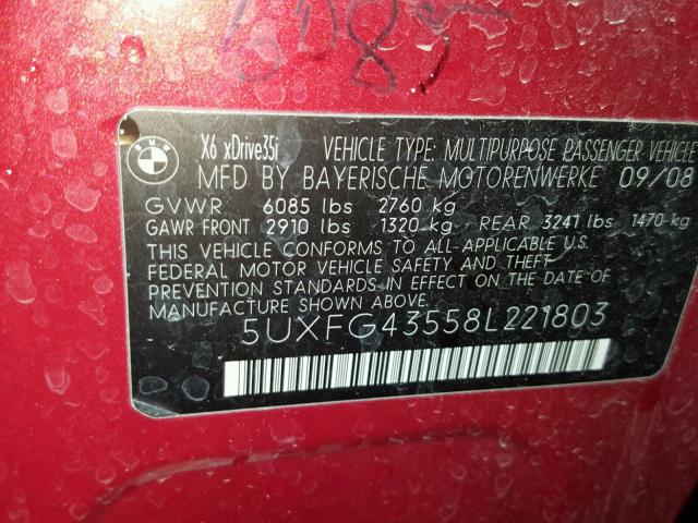 5UXFG43558L221803 - 2008 BMW X6 XDRIVE3 RED photo 10