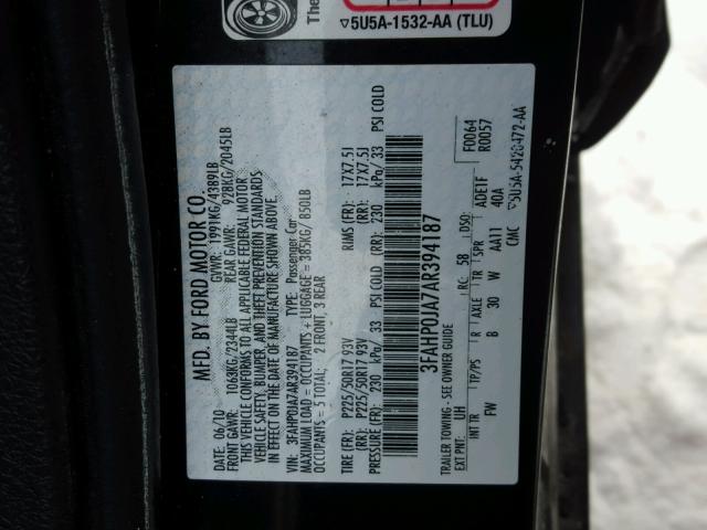 3FAHP0JA7AR394187 - 2010 FORD FUSION SEL BLACK photo 10