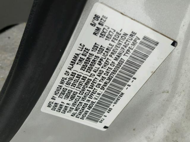 5FNRL38278B093537 - 2008 HONDA ODYSSEY LX SILVER photo 10