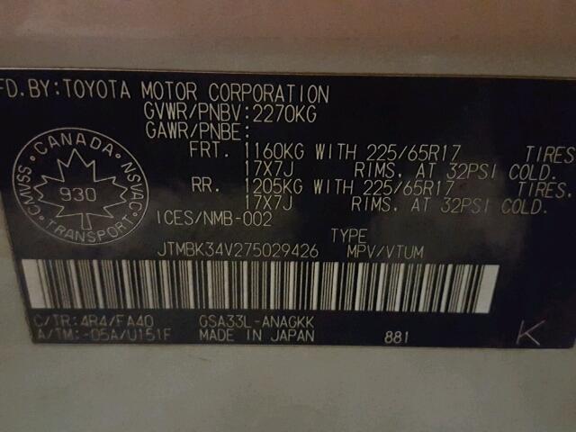 JTMBK34V275029426 - 2007 TOYOTA RAV4 LIMIT GOLD photo 10