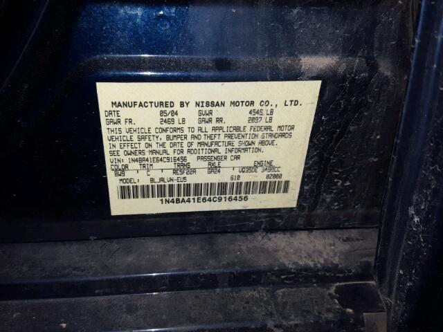 1N4BA41E64C916456 - 2004 NISSAN MAXIMA SE BLUE photo 10