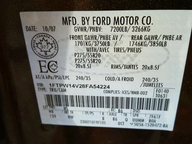 1FTPW14V28FA54224 - 2008 FORD F150 SUPER BROWN photo 10