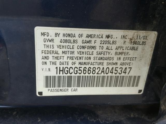 1HGCG56682A045347 - 2002 HONDA ACCORD EX BLUE photo 10