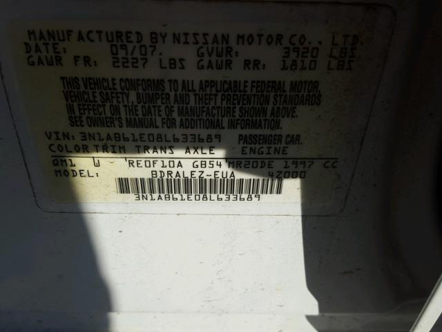 3N1AB61E08L633689 - 2008 NISSAN SENTRA 2.0 WHITE photo 10