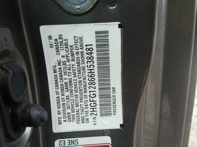 2HGFG12866H538481 - 2006 HONDA CIVIC EX GRAY photo 10