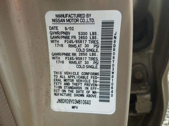 JN8DR09Y03W810640 - 2003 NISSAN PATHFINDER GOLD photo 10