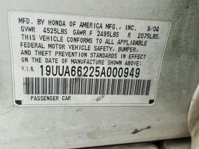 19UUA66225A000949 - 2005 ACURA TL WHITE photo 10