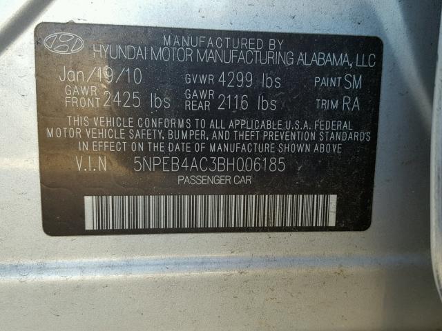 5NPEB4AC3BH006185 - 2011 HYUNDAI SONATA GLS SILVER photo 10