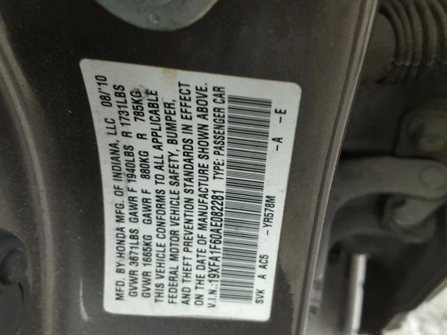 19XFA1F60AE082281 - 2010 HONDA CIVIC GRAY photo 10