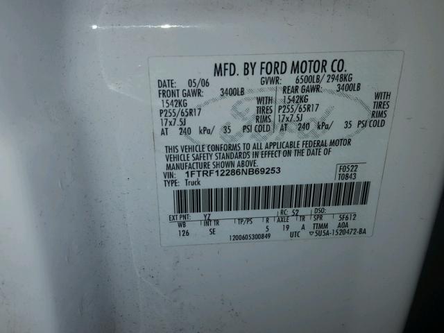 1FTRF12286NB69253 - 2006 FORD F150 WHITE photo 10