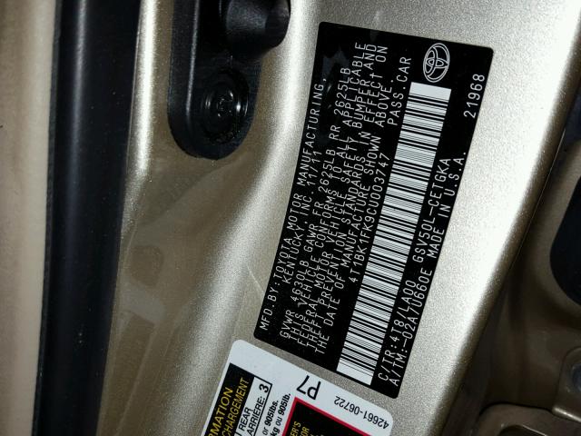 4T1BK1FK9CU003747 - 2012 TOYOTA CAMRY SE TAN photo 10