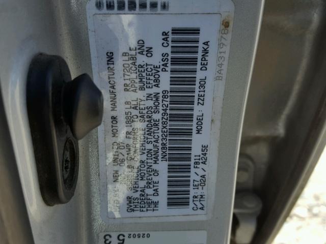 1NXBR32EX8Z942789 - 2008 TOYOTA COROLLA CE SILVER photo 10