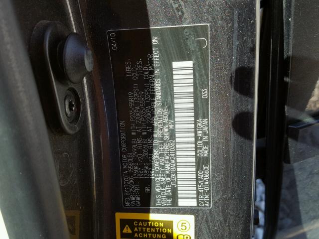 JTJZK1BA0A2410362 - 2010 LEXUS RX 350 GRAY photo 10