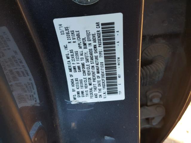 1HGCR2F39EA171509 - 2014 HONDA ACCORD LX CHARCOAL photo 10