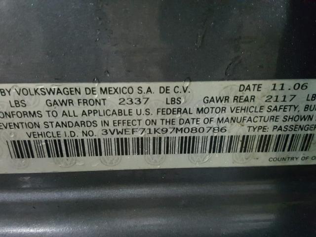 3VWEF71K97M080786 - 2007 VOLKSWAGEN JETTA WOLF GRAY photo 10