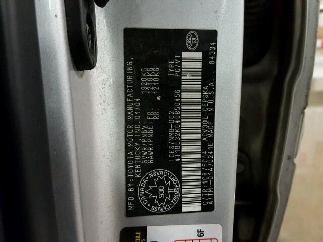 4T1BE32K04U850456 - 2004 TOYOTA CAMRY LE SILVER photo 10