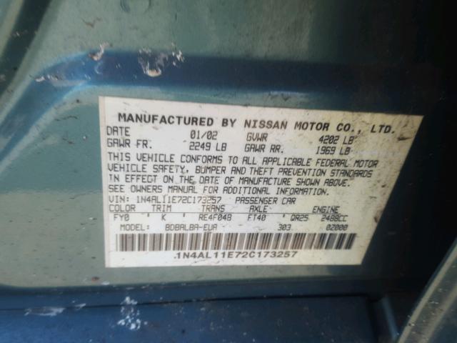 1N4AL11E72C173257 - 2002 NISSAN ALTIMA BAS TEAL photo 10