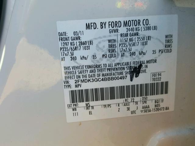 2FMDK3GC4BBB00497 - 2011 FORD EDGE SE WHITE photo 10