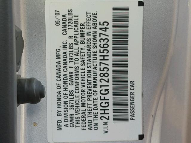 2HGFG12857H563745 - 2007 HONDA CIVIC EX ვერცხლისფერი ფოტო 10