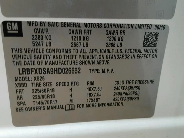 LRBFXDSA9HD026652 - 2017 BUICK ENVISION E WHITE photo 10