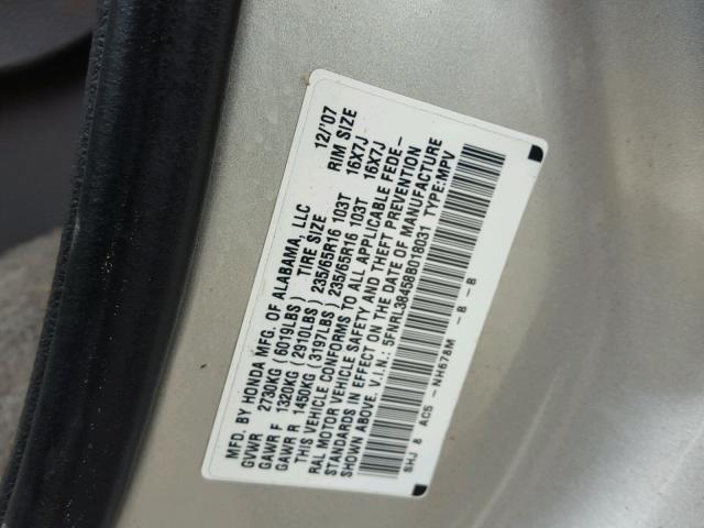 5FNRL38458B018031 - 2008 HONDA ODYSSEY EX SILVER photo 10