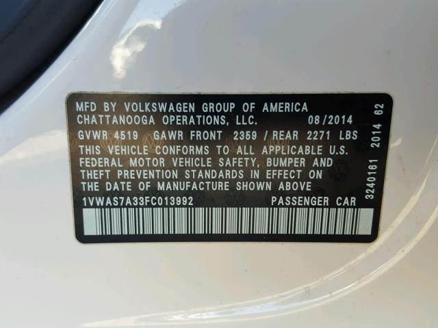 1VWAS7A33FC013992 - 2015 VOLKSWAGEN PASSAT S WHITE photo 10