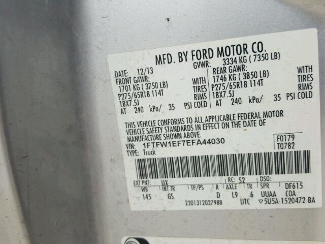 1FTFW1EF7EFA44030 - 2014 FORD F150 SUPER SILVER photo 10