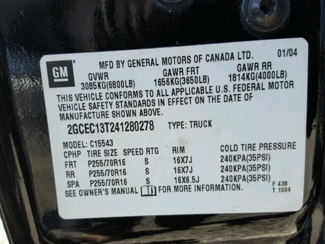 2GCEC13T241280278 - 2004 CHEVROLET SILVERADO BLACK photo 10