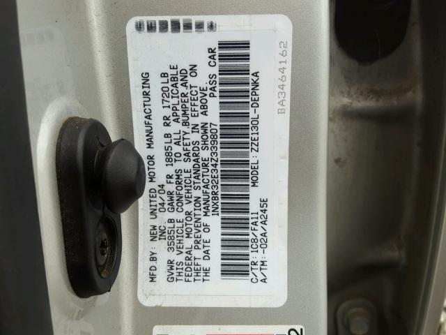 1NXBR32E34Z339807 - 2004 TOYOTA COROLLA CE SILVER photo 10