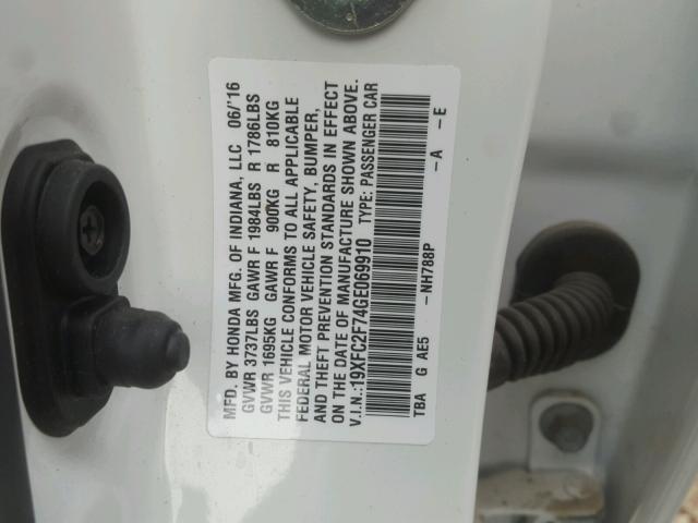 19XFC2F74GE069910 - 2016 HONDA CIVIC EX WHITE photo 10