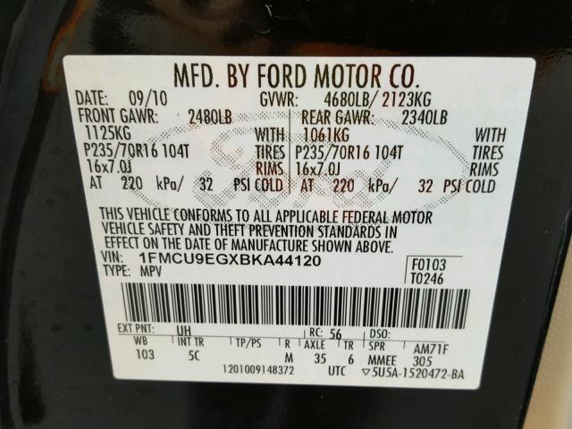 1FMCU9EGXBKA44120 - 2011 FORD ESCAPE LIM BLACK photo 10