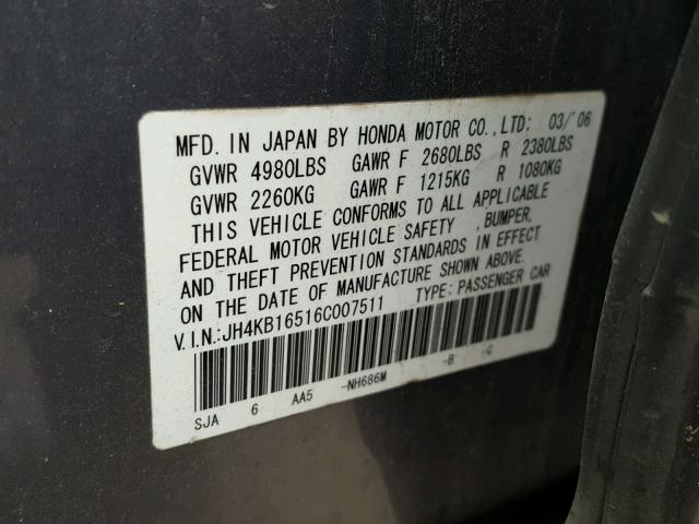 JH4KB16516C007511 - 2006 ACURA RL GRAY photo 10